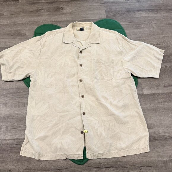 Tommy Bahama Mens Large Cream Silk Short Sleeve Button Front Aloha Shirt Hawaiia - Picture 1 of 3